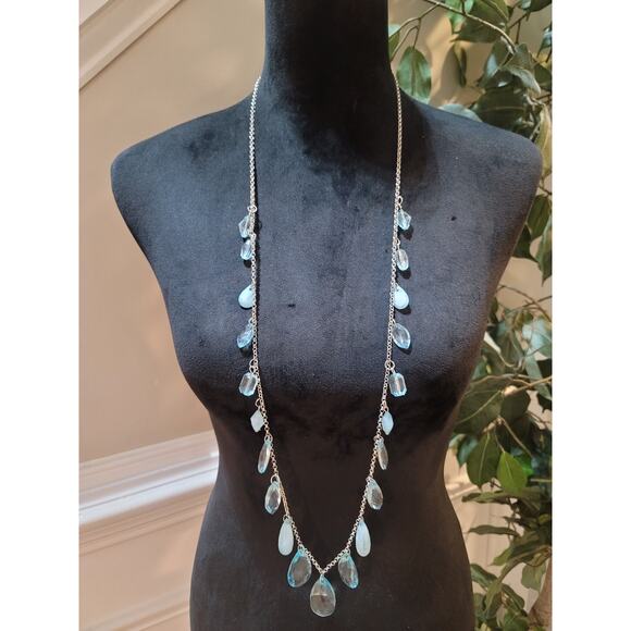 Womens Long Silver Chain Necklace With Blue Teardrop Crystal Charms Lobster Lock - Picture 2 of 7